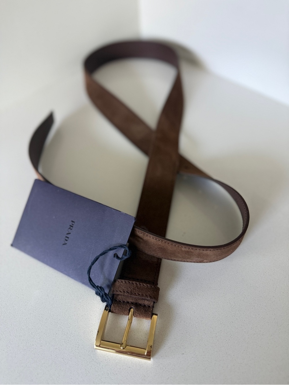 Prada Brown Suede Leather Men’s Belt with Gold Buckle New with Tag sz 36